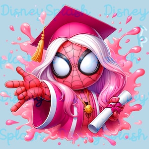 May include: A pink and red cartoon Spider-Man character wearing a graduation cap and gown. The character is holding a diploma and is surrounded by pink splatter paint.