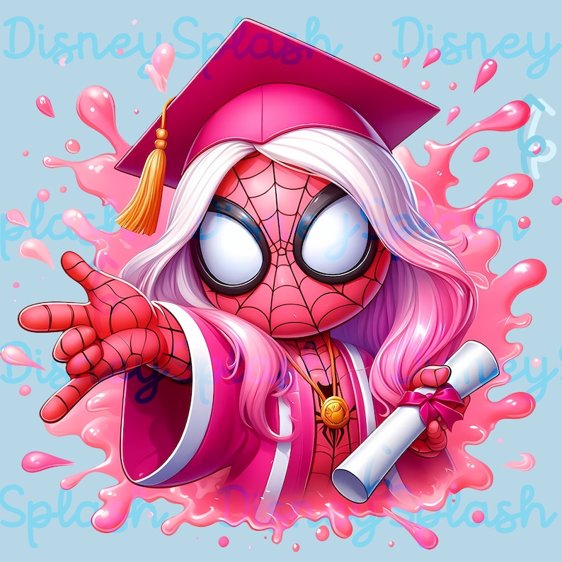 May include: A pink and red cartoon Spider-Man character wearing a graduation cap and gown. The character is holding a diploma and is surrounded by pink splatter paint.