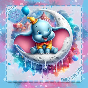 Clipart Dumbo sur la lune, aquarelle splash (PNG)