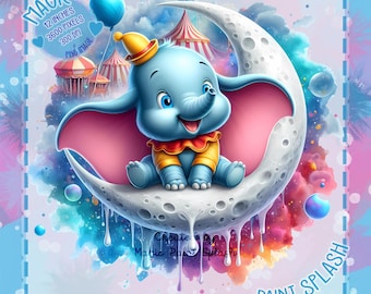 Dumbo on Moon Clipart, Watercolor Splash (PNG)