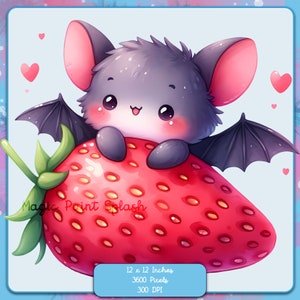 Pipistrello Kawaii su una fragola PNG, Immagini Clipart, Grafica e opere d'arte, Estetica arcobaleno, Immagini ad acquerello animali PNG