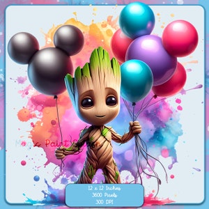 Baby Groot met muisballonnen aquarel splash, clipartafbeeldingen, afbeeldingen en illustraties, regenboogesthetiek, schattige PNG-personageafbeeldingen
