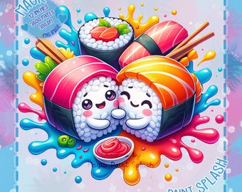 Kawaii Sushi Hug Clipart: Rainbow Watercolor PNG (Digital Download)