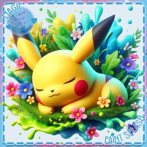 Könnte beinhalten: Eine gelbe Comicfigur mit geschlossenen Augen, die auf einem Bett aus grünem Gras und bunten Blumen liegt. Die Figur ist von blauen, grünen und gelben Farbspritzern umgeben. Der Text "MAGIC PAINT SPLASH" steht in der rechten unteren Ecke des Bildes.