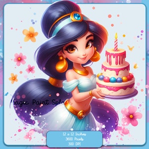 Clipart de cumpleaños de Jazmín: Imagen de princesa en acuarela (Descarga digital PNG)