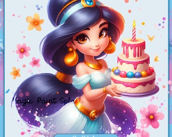 Jasmine Birthday Clipart: Watercolor Princess Image (PNG Digital Download)