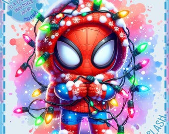Cute Spidey Christmas Lights Watercolor Splash, Clipart Images, Graphics and Artwork, Rainbow Aesthetic, PNG Superhero Movie Images