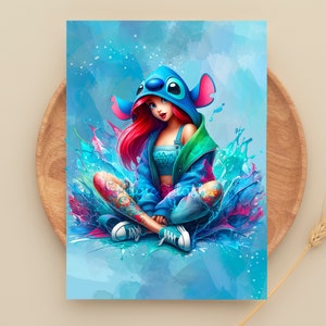 May include: A vibrant illustration of a character in a blue hoodie with large ears, red hair, and a tattoo on the arm. The character is sitting cross-legged amidst a splash of blue and pink water. The artwork has a watercolor style.
