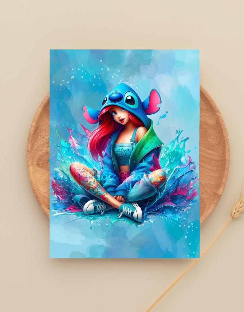 May include: A vibrant illustration of a character in a blue hoodie with large ears, red hair, and a tattoo on the arm. The character is sitting cross-legged amidst a splash of blue and pink water. The artwork has a watercolor style.