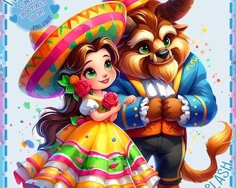 Belle och Odjuret Cinco de Mayo Clipart: Akvarell prinsessa PNG (digital nedladdning)