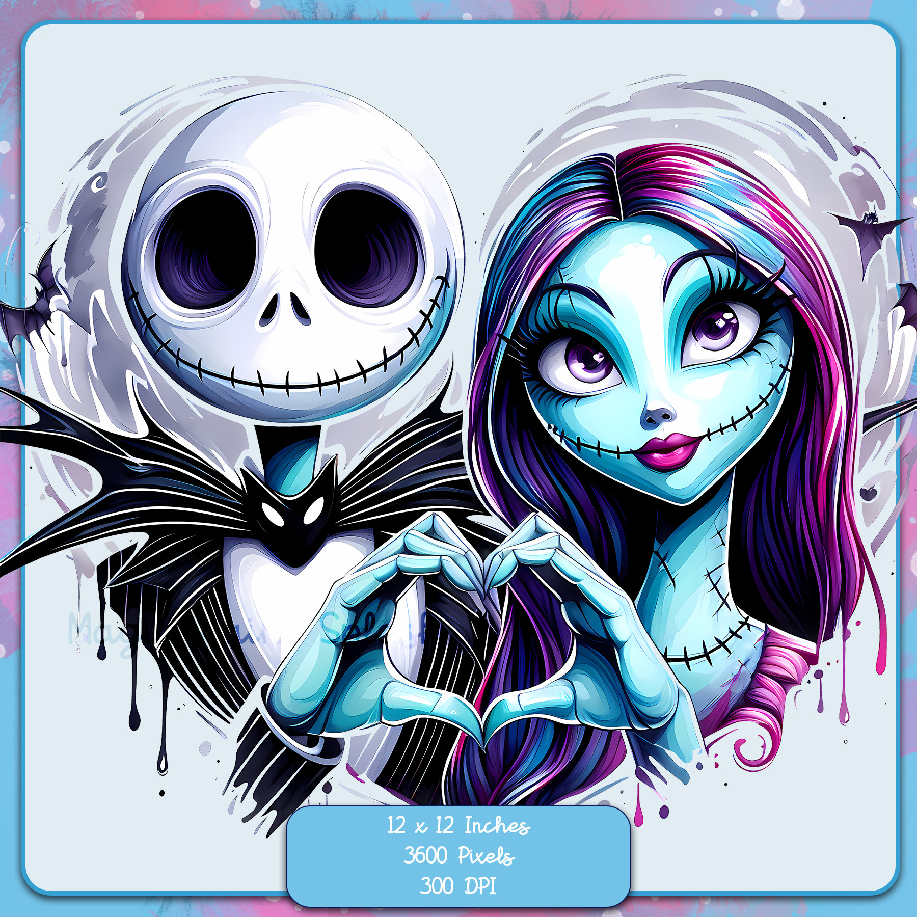 ジャックとサリーの水彩画クリップアート：ナイトメアー・ビフォア