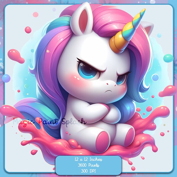 Grumpy Unicorn Clipart, Rainbow, Watercolor PNG (Digital Download)