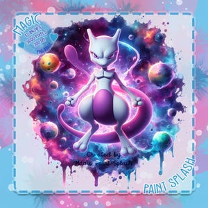 Mewtwo in Space Watercolor Splash PNG, Rainbow Monster Art (Digital Download)
