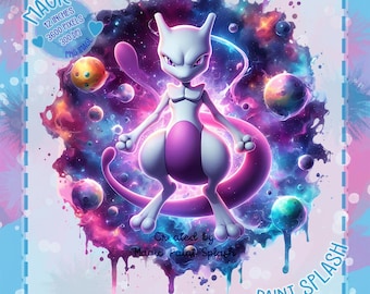 Mewtwo in Space Watercolor Splash PNG, Rainbow Monster Art (Digital Download)