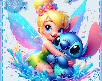 Tinkerbell and Stitch Clipart: Watercolor Splash PNG (Digital Download)