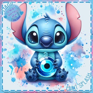 May include: A blue cartoon character with large eyes and ears, holding a blue and white orb. The image has a watercolor paint splash effect with blue and pink hues. Text includes "MAGIC", "12 INCHES", and "PAINT SPLASH".