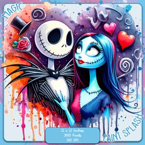 Jack und Sally Aquarell Splash, Clipart-Bilder, Grafiken und Kunstwerke, Regenbogen Ästhetik, PNG Weihnachten Alptraum Bilder