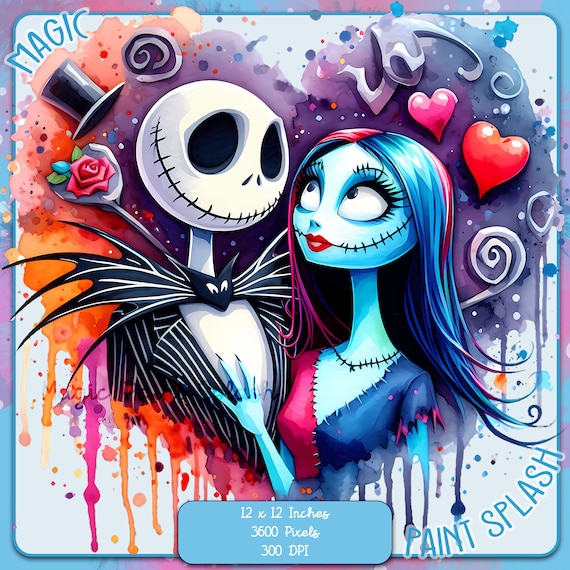 ジャックとサリーの水彩画クリップアート：ナイトメアー・ビフォア