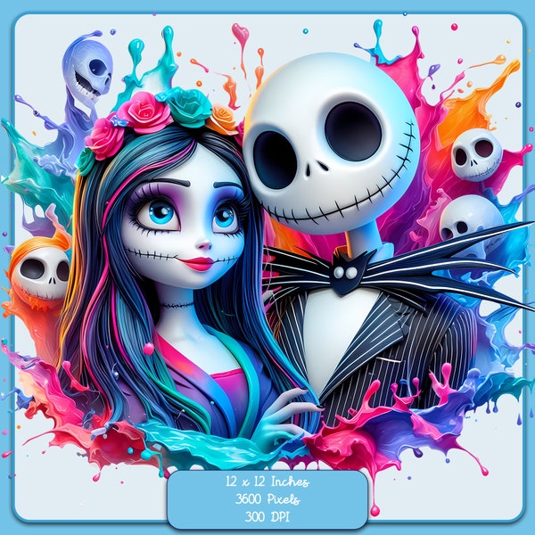 Jack and Sally Watercolor Splash, Clipart Images, Graphics and Artwork, Rainbow Aesthetic, PNG Christmas Nightmare Images