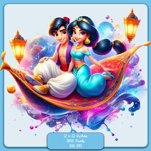 Aladdin e Jasmine Carpet Acquerello Splash, Immagini Clipart, Grafica e opere d'arte, Estetica arcobaleno, Immagini PNG Princess love