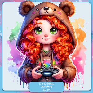 以下が含まれることがあります： 茶色のクマのフードをかぶり、黒いゲームコントローラーを持っている、赤い巻き毛の女の子のデジタルイラスト。画像には、「Magic Paint Splash」と「12 x 12 Inches」のテキストが入った水彩画のスプラッシュ背景があります。