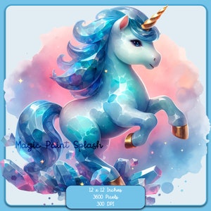 Könnte beinhalten: Ein blaues und weißes Kristall-Einhorn mit einem goldenen Horn steht auf einem Bett aus blauen und violetten Kristallen. Das Einhorn ist von einem rosa und blauen Aquarellhintergrund umgeben. Der Text "Magic Paint Splash" steht in der linken unteren Ecke des Bildes. Das Bild ist 12 x 12 Zoll groß, hat 3600 Pixel und 300 DPI.