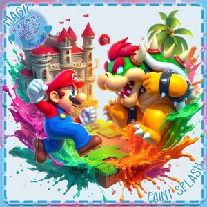 Mario vs Bowser Watercolor Splash, Clipart Images, Graphics and Artwork, Rainbow Aesthetic, PNG Gaming Images