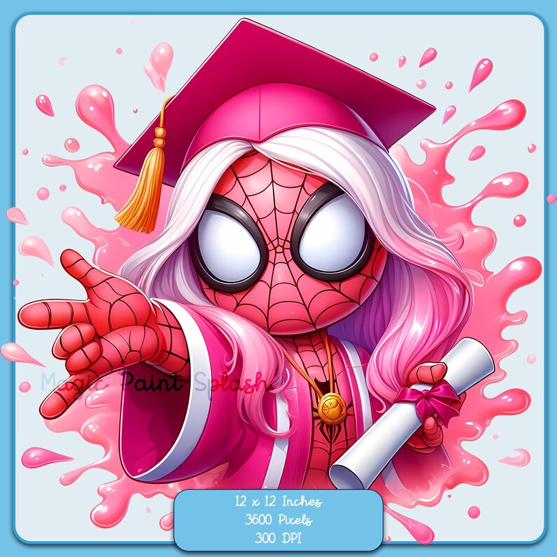 May include: A pink and red cartoon character wearing a graduation cap and gown, holding a diploma. The character has a spider-like design on their chest and pink hair. The background is a pink and white splatter pattern.