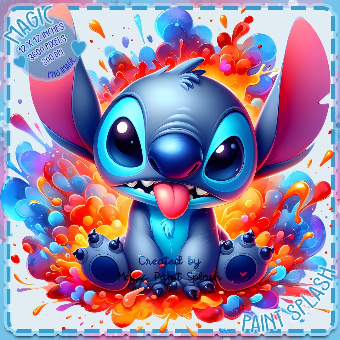 不機嫌なスティッチの水彩画スプラッシュ PNG：虹のクリップアート