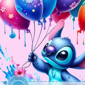 Imágenes prediseñadas de Stitch con globos: Salpicadura de acuarela PNG (Descarga digital) imagen 2