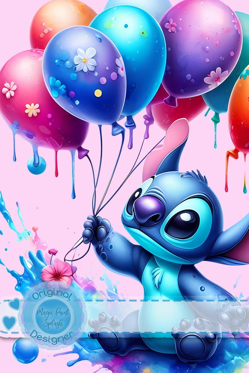 Imágenes prediseñadas de Stitch con globos: Salpicadura de acuarela PNG (Descarga digital) imagen 2