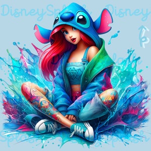May include: Illustration of a woman with red hair wearing a blue Stitch-themed hoodie and jacket, blue overalls, and sneakers. The image features a colorful splash effect in shades of blue, pink, and green. The word "Disney" is written in a stylized font.