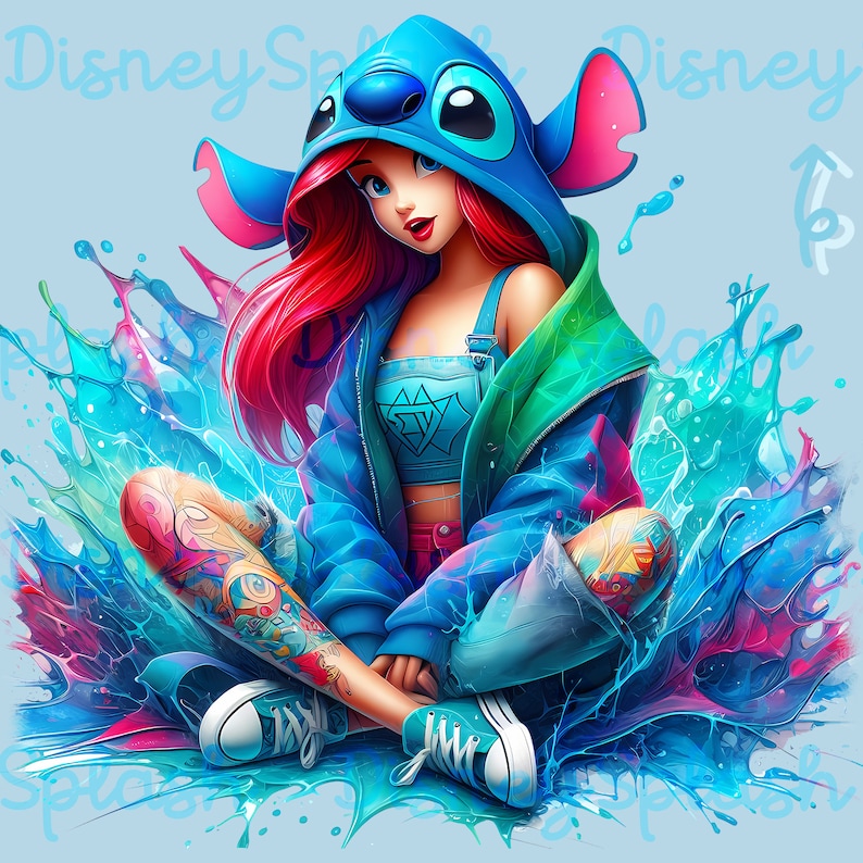 May include: Illustration of a woman with red hair wearing a blue Stitch-themed hoodie and jacket, blue overalls, and sneakers. The image features a colorful splash effect in shades of blue, pink, and green. The word "Disney" is written in a stylized font.