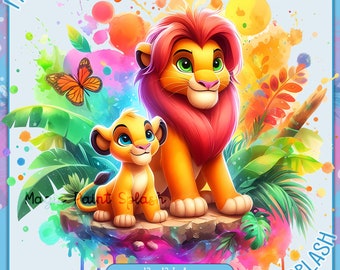 Mufasa and Simba Watercolor Splash PNG: Lion King Art (Digital Download)