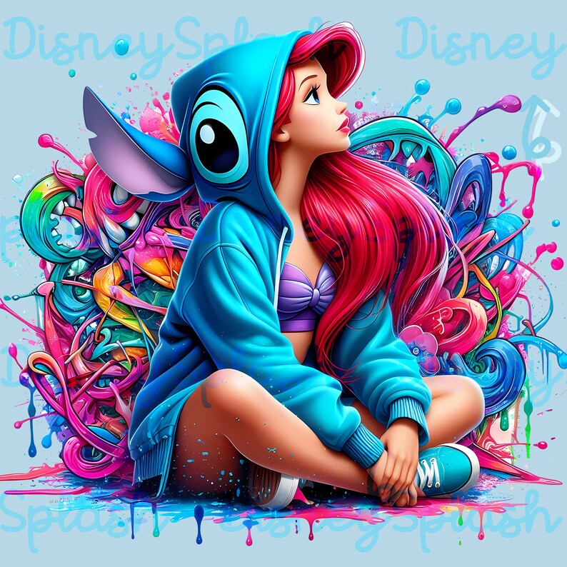 May include: Illustration of a woman with red hair wearing a blue hoodie with a Stitch design, a purple seashell bra, and blue sneakers. The background features colorful graffiti art and the words "Disney Splash".