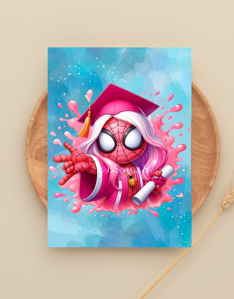May include: A pink and red cartoon Spider-Man character wearing a graduation cap and gown, holding a diploma. The character is surrounded by pink and white splatters on a blue background.