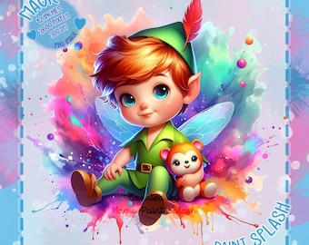 Baby Peter Pan Watercolor Clipart, Rainbow Graphics (PNG Digital Download)