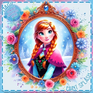 Puede incluir: Una ilustración digital de una joven con el pelo largo y rojo trenzado, que lleva un vestido rosa y azul y una corona. Está enmarcada en un espejo dorado adornado con una gema azul en la parte superior. El fondo es una acuarela de azul y rosa con flores y copos de nieve.