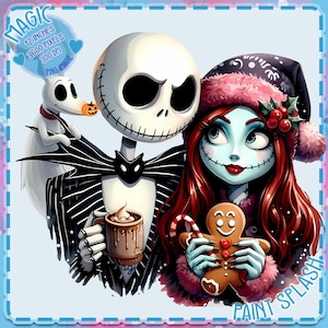 Pode incluir: Ilustração digital com Jack Skellington e Sally de O Estranho Mundo de Jack. Jack segura uma caneca de chocolate quente, Sally segura um homem de gengibre e Zero está por perto. A imagem tem uma borda azul e o texto "MAGIC" e "PAINT SPLASH".