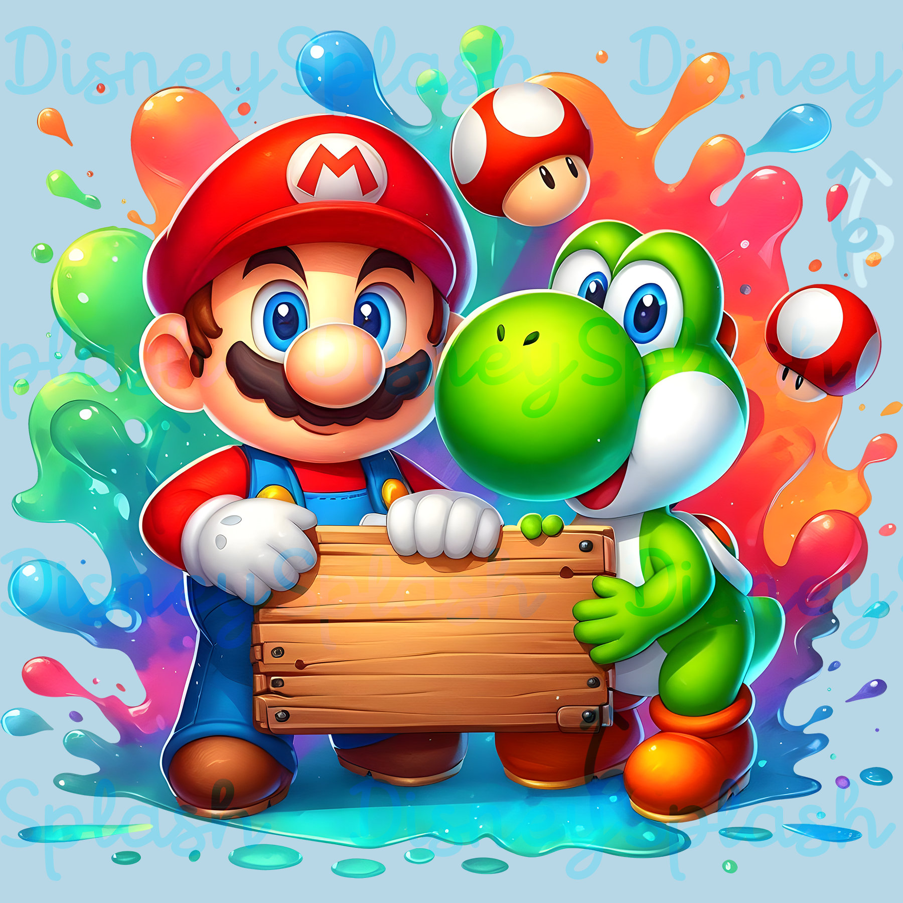 マリオとヨッシーのパーソナライズサイン：レインボー水彩画（デジタル