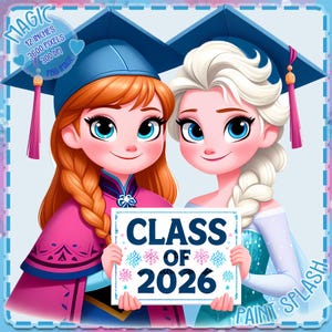 Może przedstawiać: Cyfrowa ilustracja dwóch postaci z kreskówek w czapkach absolwentów, trzymających znak z napisem "CLASS OF 2026". Obraz ma niebiesko-różową kolorystykę z tekstem "MAGIC" i "PAINT SPLASH".
