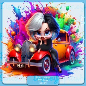 May include: A cartoon illustration of Cruella de Vil in a black fur coat and a red and yellow vintage car with the license plate "DE V3L". The car is surrounded by colorful paint splatters.
