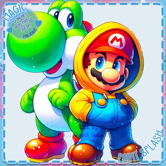 【水彩画/送料込】イシヤマ マリオ マリオとヨッシーの水彩画 PNG：虹色のゲームクリップアート（デジタル