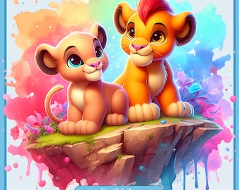 Può includere: Due cuccioli di leone dei cartoni animati, uno con una criniera rossa, sono seduti su uno spuntone roccioso. Lo sfondo è un acquerello colorato di rosa, blu e giallo.