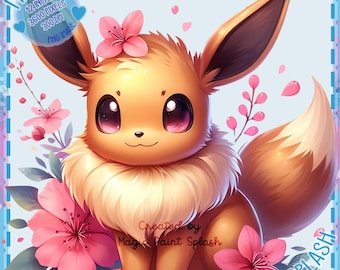 Floral Eevee PNG Image, Cute Monster Artwork (Digital Download)