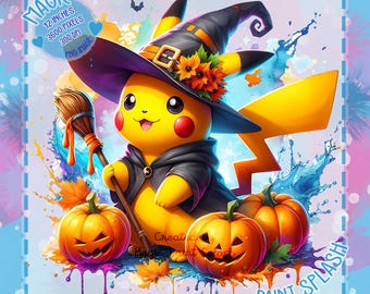 Halloween Pikachu Witch PNG: Watercolor Clipart (Digital Download)