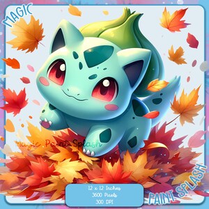 Könnte beinhalten: Eine Cartoon-Illustration eines grünen und blauen Pokemon-Charakters, der auf einem Haufen roter und orangefarbener Herbstblätter steht. Das Bild trägt den Titel "Magic Paint Splash" und enthält den Text "12 x 12 Inches, 3600 Pixels, 300 DPI".