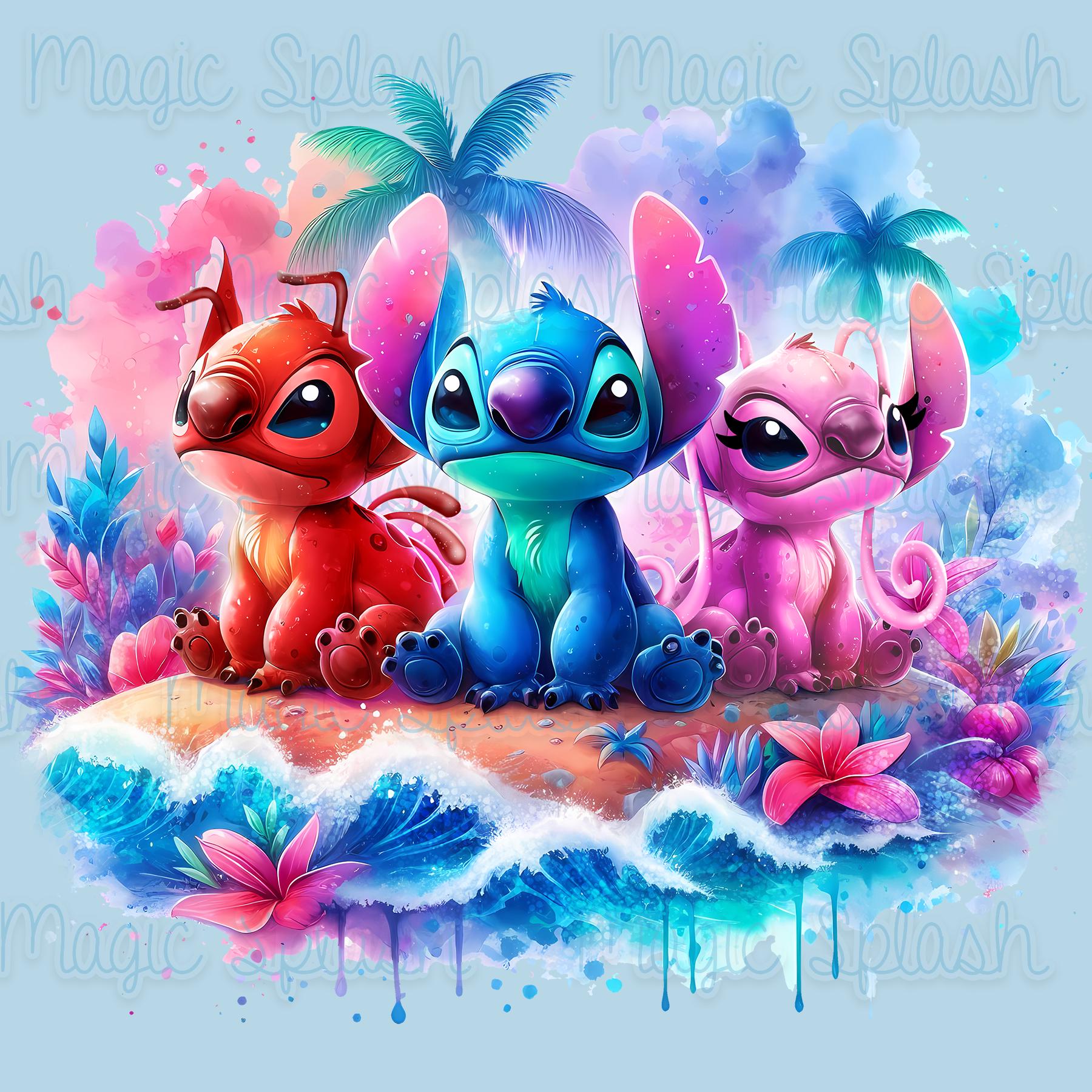 スティッチ、リロイ、エンジェルの水彩画 PNG：ビーチテーマのクリップ