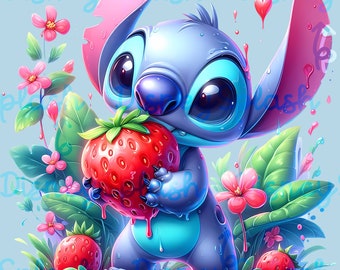 スティッチストロベリークリップアート：水彩花柄PNG画像（デジタル