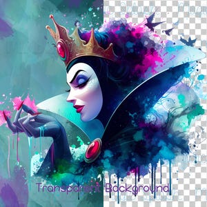 May include: An artistic illustration of a queen with a golden crown and a red gem. The queen is wearing a black cape and holding a pink object. The background features watercolor splashes of blue, pink, and teal. The words "Transparent Background" are at the bottom.